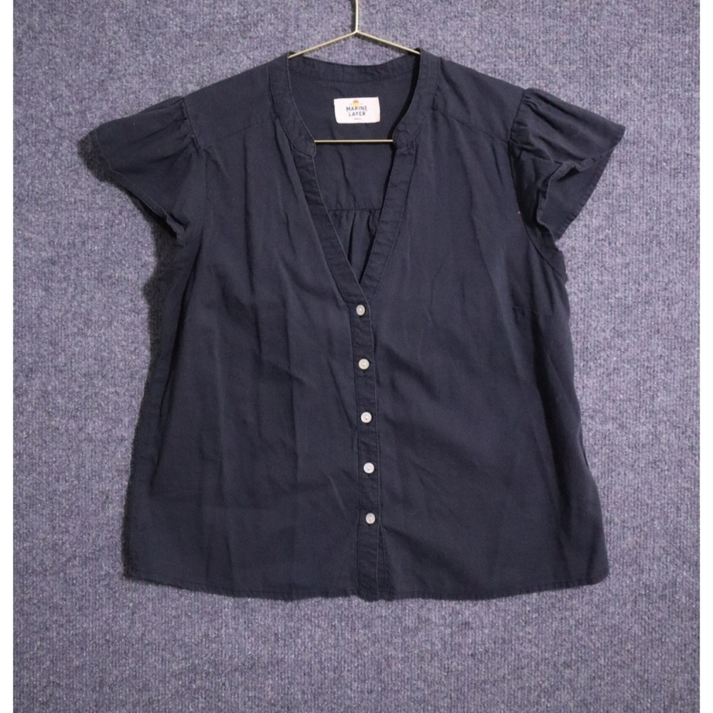 Marine Layer Shirt Women Small Black Puff‎ Sleeve Short Button Up V Neck Top EUC